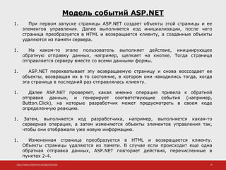 http://www.slideshare.net/IgorShkulipa 10
Модель событий ASP.NET
1. При первом запуске страницы ASP.NET создает объекты этой страницы и ее
элементов управления. Далее выполняется код инициализации, после чего
страница преобразуется в HTML и возвращается клиенту, а созданные объекты
удаляются из памяти сервера.
1. На каком-то этапе пользователь выполняет действие, инициирующее
обратную отправку данных, например, щелкает на кнопке. Тогда страница
отправляется серверу вместе со всеми данными формы.
1. ASP.NET перехватывает эту возвращаемую страницу и снова воссоздает ее
объекты, возвращая их в то состояние, в котором они находились тогда, когда
эта страница в последний раз отправлялась клиенту.
1. Далее ASP.NET проверяет, какая именно операция привела к обратной
отправке данных, и генерирует соответствующие события (например,
Button.Click), на которые разработчик может предусмотреть в своем коде
определенную реакцию.
1. Затем, выполняется код разработчика, например, выполняется какая-то
серверная операция, а затем изменяются объекты элементов управления так,
чтобы они отображали уже новую информацию.
1. Измененная страница преобразуется в HTML и возвращается клиенту.
Объекты страницы удаляются из памяти. В случае если происходит еще одна
обратная отправка данных, ASP.NET повторяет действия, перечисленные в
пунктах 2-4.
 