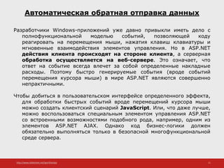 http://www.slideshare.net/IgorShkulipa 11
Автоматическая обратная отправка данных
Разработчики Windows-приложений уже давно привыкли иметь дело с
полнофункциональной моделью событий, позволяющей коду
реагировать на перемещения мыши, нажатия клавиш клавиатуры и
мгновенные взаимодействия элементов управления. Но в ASP.NET
действия клиента происходят на стороне клиента, а серверная
обработка осуществляется на веб-сервере. Это означает, что
ответ на событие всегда влечет за собой определенные накладные
расходы. Поэтому быстро генерируемые события (вроде событий
перемещения курсора мыши) в мире ASP.NET являются совершенно
непрактичными.
Чтобы добиться в пользовательском интерфейсе определенного эффекта,
для обработки быстрых событий вроде перемещений курсора мыши
можно создать клиентский сценарий JavaScript. Или, что даже лучше,
можно воспользоваться специальным элементом управления ASP.NET
со встроенными возможностями подобного рода, например, одним из
элементов ASP.NET AJAX. Однако код бизнес-логики должен
обязательно выполняться только в безопасной многофункциональной
среде сервера.
 