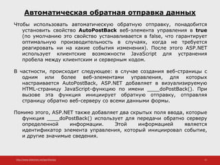 http://www.slideshare.net/IgorShkulipa 12
Автоматическая обратная отправка данных
Чтобы использовать автоматическую обратную отправку, понадобится
установить свойство AutoPostBack веб-элемента управления в true
(по умолчанию это свойство устанавливается в false, что гарантирует
оптимальную производительность в случаях, когда не требуется
реагировать ни на какие события изменения). После этого ASP.NET
использует клиентские возможности JavaScript для устранения
пробела между клиентским и серверным кодом.
В частности, происходит следующее: в случае создания веб-страницы с
одним или более веб-элементами управления, для которых
настраивается AutoPostBack, ASP.NET добавляет в визуализируемую
HTML-страницу JavaScript-функцию по имени ____doPostBack(). При
вызове эта функция инициирует обратную отправку, отправляя
страницу обратно веб-серверу со всеми данными формы.
Помимо этого, ASP.NET также добавляет два скрытых поля ввода, которые
функция ____doPostBack() использует для передачи обратно серверу
определенной информации. Этой информацией является
идентификатор элемента управления, который инициировал событие,
и другие значимые сведения.
 