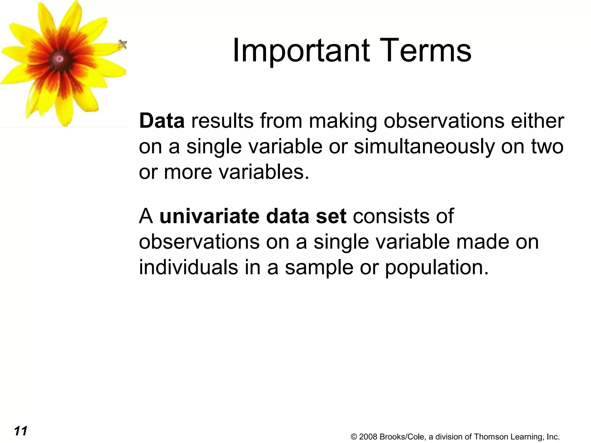 11 © 2008 Brooks/Cole, a division of Thomson Learning, Inc.
Important Terms
Data results from making observations either
on a single variable or simultaneously on two
or more variables.
A univariate data set consists of
observations on a single variable made on
individuals in a sample or population.
 