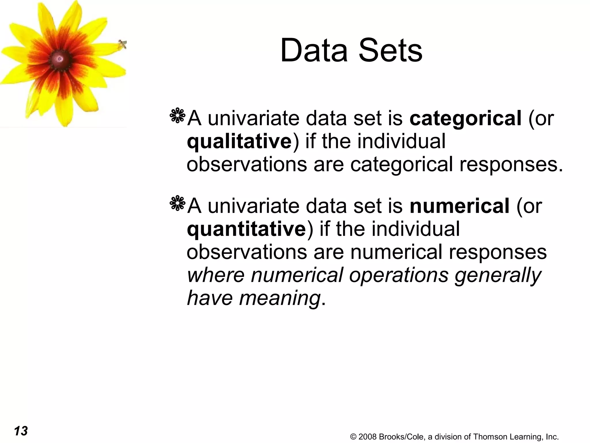 13 © 2008 Brooks/Cole, a division of Thomson Learning, Inc.
Data Sets
A univariate data set is categorical (or
qualitative) if the individual
observations are categorical responses.
A univariate data set is numerical (or
quantitative) if the individual
observations are numerical responses
where numerical operations generally
have meaning.
 