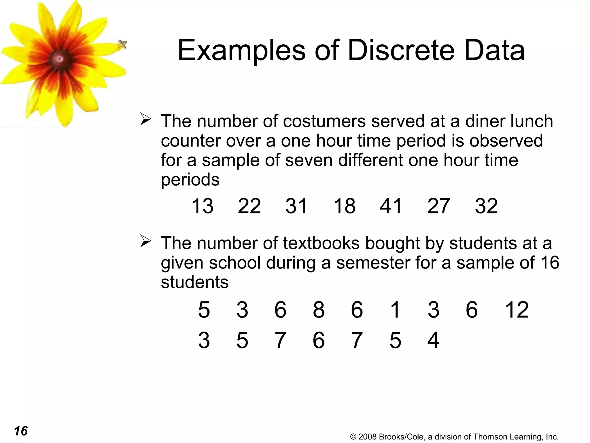 16 © 2008 Brooks/Cole, a division of Thomson Learning, Inc.
Examples of Discrete Data
 The number of costumers served at a diner lunch
counter over a one hour time period is observed
for a sample of seven different one hour time
periods
13 22 31 18 41 27 32
 The number of textbooks bought by students at a
given school during a semester for a sample of 16
students
5 3 6 8 6 1 3 6 12
3 5 7 6 7 5 4
 