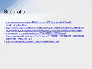 • http://ec.europa.eu/europe2020/europe-2020-in-a-nutshell/flagship-
initiatives/index_it.htm
• http://www.competenzechiave.eu/documenti_pdf/imparare_imparare/COMMISSIO
NE_EUROPEA_-_Insegnare_e_apprendere_verso_una_societa_della_conoscenza.pdf
• http://unesdoc.unesco.org/images/0010/001095/109590eo.pdf
• https://www.pearltrees.com/s/file/preview/177396321/CONSIL3AST%209009%20
2018%20INIT3AIT3ATXT.pdf
• https://ec.europa.eu/ploteus/sites/eac-eqf/files/it.pdf
Sitografia
 
