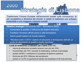 Trasformare l’Unione Europea nell’economia basata sulla conoscenza, la
più competitiva e dinamica del mondo, in grado di realizzare uno sviluppo
sostenibile e una maggiore coesione sociale
Obiettivi strategici (Stoccolma 2001 – Barcellona 2002):
• Aumentare la qualità e l’efficacia dei sistemi educativi
• Facilitare l’accesso all’istruzione e alla formazione
• Aprire questi sistemi al mondo esterno
• “Rendere entro il 2010 i sistemi di istruzione e formazione dell’UE un
punto di riferimento di qualità a livello mondiale”
Livelli di rendimento e indicatori per il 2010 (2003-04):
• ridurre gli abbandoni scolastici precoci (non più del 10%)
• incrementare del 15% i laureati di matematica, scienze e tecnologie
• portare all’85% i ventiduenni in possesso di diploma superiore
• diminuire del 20% l’illiteracy dei quindicenni
• portare al 12,5% la popolazione adulta che partecipa al life long learning
 