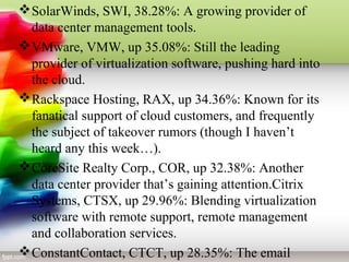 SolarWinds, SWI, 38.28%: A growing provider of
data center management tools.
VMware, VMW, up 35.08%: Still the leading
provider of virtualization software, pushing hard into
the cloud.
Rackspace Hosting, RAX, up 34.36%: Known for its
fanatical support of cloud customers, and frequently
the subject of takeover rumors (though I haven’t
heard any this week…).
CoreSite Realty Corp., COR, up 32.38%: Another
data center provider that’s gaining attention.Citrix
Systems, CTSX, up 29.96%: Blending virtualization
software with remote support, remote management
and collaboration services.
ConstantContact, CTCT, up 28.35%: The email
 