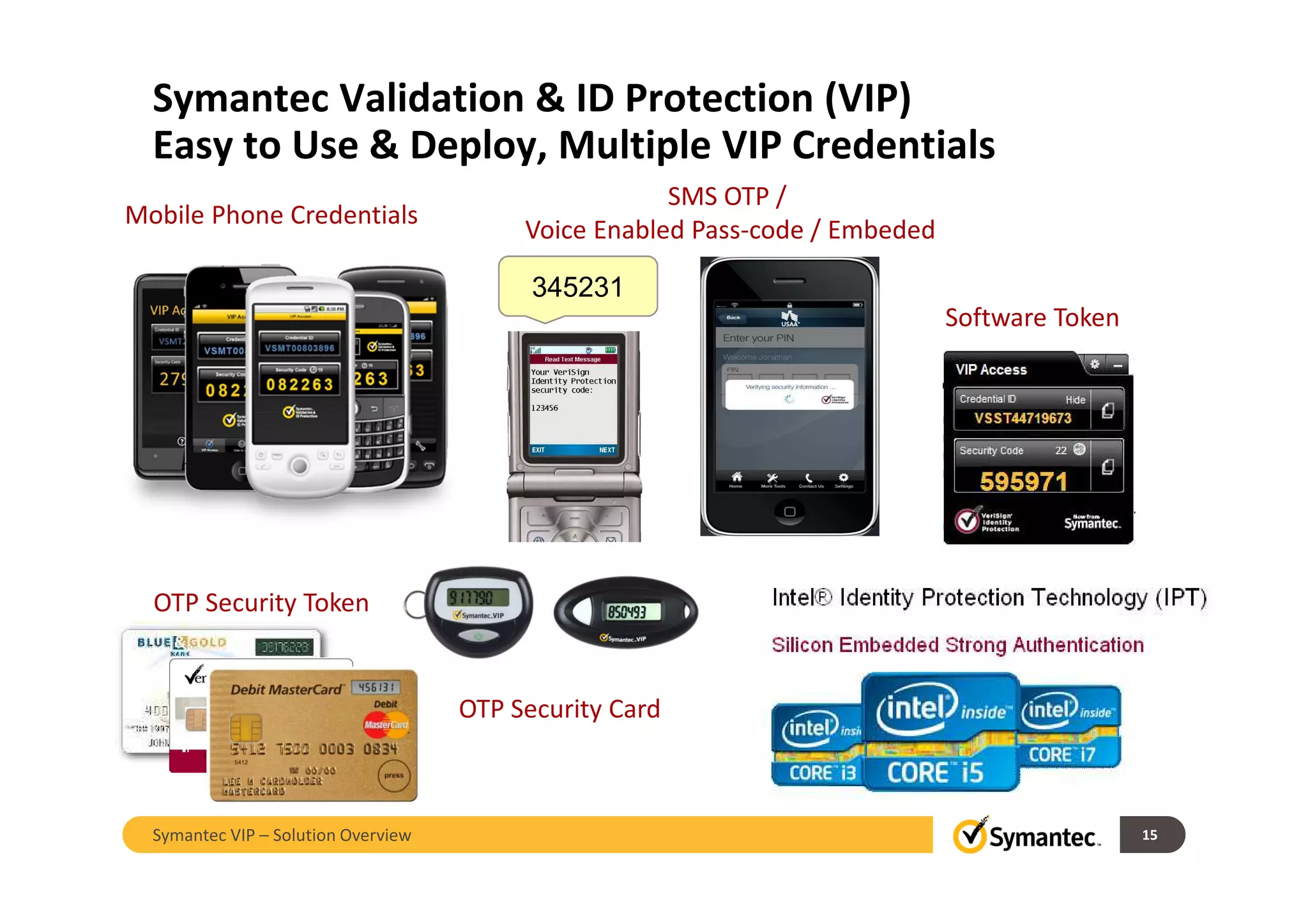Symantec Validation & ID Protection (VIP)
Easy to Use & Deploy, Multiple VIP Credentials
OTP Security Token
Mobile Phone Credentials
OTP Security Card
SMS OTP /
Voice Enabled Pass-code / Embeded
345231
Software Token
15Symantec VIP – Solution Overview
 