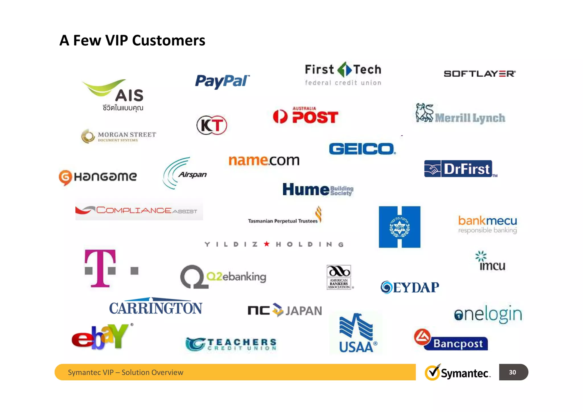 A Few VIP Customers
30Symantec VIP – Solution Overview
 