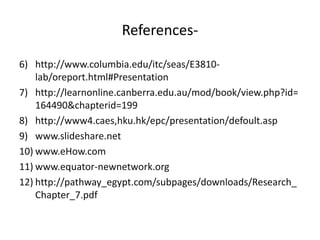 References-
6) http://www.columbia.edu/itc/seas/E3810-
lab/oreport.html#Presentation
7) http://learnonline.canberra.edu.au/mod/book/view.php?id=
164490&chapterid=199
8) http://www4.caes,hku.hk/epc/presentation/defoult.asp
9) www.slideshare.net
10) www.eHow.com
11) www.equator-newnetwork.org
12) http://pathway_egypt.com/subpages/downloads/Research_
Chapter_7.pdf
 