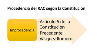 •
•
Procedencia del RAC según la Constitución
Artículo 5 de la
Constitución
Precedente
Vásquez Romero
Improcedencia
 