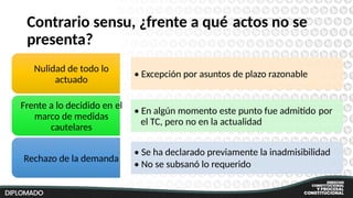 Contrario sensu, ¿frente a qué
presenta?
actos no se
Nulidad de todo
actuado
lo
• Excepción por asuntos de plazo razonable
Frente a lo decidido en
marco de medidas
cautelares
el
• En algún momento este punto fue admitido
el TC, pero no en la actualidad
por
• Se ha declarado previamente la inadmisibilidad
• No se subsanó lo requerido
Rechazo de la demanda
 