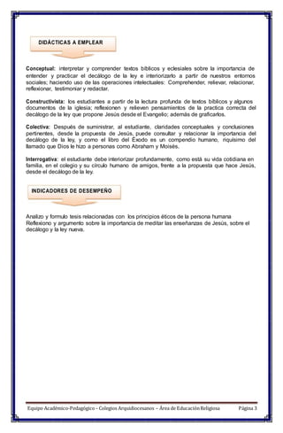 DIDÁCTICAS A EMPLEAR
Conceptual: interpretar y comprender textos bíblicos y eclesiales sobre la importancia de
entender y practicar el decálogo de la ley e interiorizarlo a partir de nuestros entornos
sociales; haciendo uso de las operaciones intelectuales: Comprehender, relievar, relacionar,
reflexionar, testimoniar y redactar.
Constructivista: los estudiantes a partir de la lectura profunda de textos bíblicos y algunos
documentos de la iglesia; reflexionen y relieven pensamientos de la practica correcta del
decálogo de la ley que propone Jesús desde el Evangelio; además de graficarlos.
Colectiva: Después de suministrar, al estudiante, claridades conceptuales y conclusiones
pertinentes, desde la propuesta de Jesús, puede consultar y relacionar la importancia del
decálogo de la ley, y como el libro del Éxodo es un compendio humano, riquísimo del
llamado que Dios le hizo a personas como Abraham y Moisés.
Interrogativa: el estudiante debe interiorizar profundamente, como está su vida cotidiana en
familia, en el colegio y su círculo humano de amigos, frente a la propuesta que hace Jesús,
desde el decálogo de la ley.
INDICADORES DE DESEMPEÑO
Analizo y formulo tesis relacionadas con los principios éticos de la persona humana
Reflexiono y argumento sobre la importancia de meditar las enseñanzas de Jesús, sobre el
decálogo y la ley nueva.
Equipo Académico-Pedagógico– Colegios Arquidiocesanos – Área de EducaciónReligiosa Página 3
 
