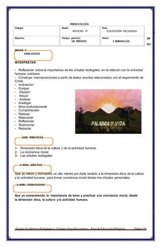 PRESENTA CIÓN
C
OM
PET
ENCIAS Y
HABILIDADES
INTERPRETAR:
- Reflexionar sobre la importancia de las virtudes teologales, en la relación con la actividad
humana cotidiana
- Construyo macroposiciones a partir de textos escritos relacionados con el seguimiento de
Cristo
- motivación
- Puntuar
- Deducir
- Inducir
- Analizar
- Analogar
- Mirar profundamente
- Comprehender
- Relievar
- Relacionar
- Reflexionar
- Testimoniar
- Redactar
EJES TEMÁTICOS
1- Dimensión ética de la cultura y de la actividad humana.
2- La conciencia moral
3- Las virtudes teologales
A NIVEL AFECTIVO
Que yo valore y demuestra un alto interés por darle sentido a la dimensión ética de la cultura
y la actividad humana, para tomar conciencia moral desde mis virtudes personales.
A NIVEL COGNITICOIVO
Que yo comprehenda la importancia de tener y practicar una conciencia moral, desde
la dimensión ética, la cultura y la actividad humana.
Equipo Académico-Pedagógico– Colegios Arquidiocesanos – Área de EducaciónReligiosa Página 29
Colegio: Grado:
NOVENO 9º
Área:
EDUCACIÓN RELIGIOSA
Docente: Tiempo previsto:
UN PERIODO
Horas:
2 SEMANALES
 