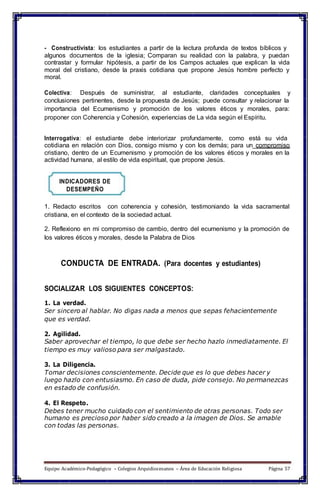 - Constructivista: los estudiantes a partir de la lectura profunda de textos bíblicos y
algunos documentos de la iglesia; Comparan su realidad con la palabra, y puedan
contrastar y formular hipótesis, a partir de los Campos actuales que explican la vida
moral del cristiano, desde la praxis cotidiana que propone Jesús hombre perfecto y
moral.
Colectiva: Después de suministrar, al estudiante, claridades conceptuales y
conclusiones pertinentes, desde la propuesta de Jesús; puede consultar y relacionar la
importancia del Ecumenismo y promoción de los valores éticos y morales, para:
proponer con Coherencia y Cohesión, experiencias de La vida según el Espíritu.
Interrogativa: el estudiante debe interiorizar profundamente, como está su vida
cotidiana en relación con Dios, consigo mismo y con los demás; para un compromiso
cristiano, dentro de un Ecumenismo y promoción de los valores éticos y morales en la
actividad humana, al estilo de vida espiritual, que propone Jesús.
INDICADORES DE
DESEMPEÑO
1. Redacto escritos con coherencia y cohesión, testimoniando la vida sacramental
cristiana, en el contexto de la sociedad actual.
2. Reflexiono en mi compromiso de cambio, dentro del ecumenismo y la promoción de
los valores éticos y morales, desde la Palabra de Dios
CONDUCTA DE ENTRADA. (Para docentes y estudiantes)
SOCIALIZAR LOS SIGUIENTES CONCEPTOS:
1. La verdad.
Ser sincero al hablar. No digas nada a menos que sepas fehacientemente
que es verdad.
2. Agilidad.
Saber aprovechar el tiempo, lo que debe ser hecho hazlo inmediatamente. El
tiempo es muy valioso para ser malgastado.
3. La Diligencia.
Tomar decisiones conscientemente. Decide que es lo que debes hacer y
luego hazlo con entusiasmo. En caso de duda, pide consejo. No permanezcas
en estado de confusión.
4. El Respeto.
Debes tener mucho cuidado con el sentimiento de otras personas. Todo ser
humano es precioso por haber sido creado a la imagen de Dios. Se amable
con todas las personas.
Equipo Académico-Pedagógico – Colegios Arquidiocesanos – Área de Educación Religiosa Página 57
 