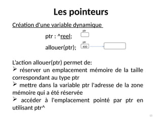 13
Les pointeurs
Création d'une variable dynamique
ptr : ^reel;
allouer(ptr);
L’action allouer(ptr) permet de:
 réserver un emplacement mémoire de la taille
correspondant au type ptr
 mettre dans la variable ptr l'adresse de la zone
mémoire qui a été réservée
 accéder à l'emplacement pointé par ptr en
utilisant ptr^
ptr
ptr
400
 
