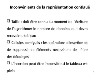 6
Inconvénients de la représentation contiguë
 Taille : doit être connu au moment de l'écriture
de l’algorithme: le nombre de données que devra
recevoir le tableau
 Cellules contiguës : les opérations d'insertion et
de suppression d'éléments nécessitent de faire
des décalages
 L’insertion peut être impossible si le tableau est
plein
 
