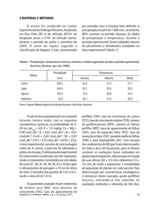 Amazônia: Ci. & Desenv., Belém, v. 6, n. 12, jan./jun. 2011. 44
2 MATERIAL E MÉTODOS
O ensaio foi conduzido no Campo
Experimental da Embrapa Roraima, localizado
em Boa Vista (95 m de altitude, 60o
43’ de
longitude oeste e 2o
45’ de latitude norte),
durante o período de junho a setembro de
2009. O clima da região, segundo a
classificação de Köppen, é Awi, caracterizado
O solo da área experimental é um Latossolo
Amarelo, textura média, com as seguintes
características químicas, na profundidade de 0-
20 cm: pHH2O
= 4,8; P = 1,8 mg/kg; Ca + Mg =
0,90 cmolc
.dm-3
; K = 0,01 cmolc
.dm-3
; Al = 0,61
cmolc
dm-3
; H+Al = 2,64 cmolc
.dm-3
; SB = 0,91
cmolc
.dm-3
;CTCt = 3,55 cmolc
.dm-3
eV(%) = 25,6.
A área experimental consistiu de uma pastagem
nativa de A. aureus, a qual não foi submetida a
prática de manejo.O delineamento experimental
foi inteiramente casualizado com três repetições,
sendo os tratamentos constituídos por oito idades
de corte (21, 28, 35, 42, 49, 56, 63 e 70 dias após
o rebaixamento da pastagem a 10 cm de altura
do solo). O tamanho das parcelas de 2,0 x 2,0 m,
sendo a área útil de 1,0 m2
.
Os parâmetros avaliados foram rendimento
de matéria seca (MS), taxa absoluta de
crescimento (TAC), taxa de aparecimento de
por períodos seco e chuvoso bem definido. A
precipitação anual é de 1.600 mm, no entanto,
80% ocorrem no período chuvoso. Os dados
de precipitação e temperatura, durante o
período experimental, foram coletados através
de pluviômetro e termômetro instalados na
área experimental (Tabela 1).
perfilhos (TAP), taxa de crescimento da cultura
(TCC), taxa de crescimento relativo (TCR), número
de perfilhos/planta (NPP), número de folhas/
perfilho (NFP), taxa de aparecimento de folhas
(TAF), taxa de expansão foliar (TEF), taxa de
senescência foliar (TSF), tamanho médio de folhas
(TMF) e área foliar/perfilho (AF). Com exceção
dos rendimentos de MS que foram determinados
em toda a área útil da parcela, para as demais
variáveis as avaliações foram realizadas em
quatro touceiras/parcela, selecionadas em função
de suas alturas (30 ± 5,5 cm) e diâmetros (14 ±
3,5 cm), de modo a representar a variabilidade
da população de plantas em cada parcela. Para
determinação das características morfogênicas
e estruturais foram marcados quatro perfilhos/
touceira, utilizando-se fios coloridos. As
avaliações realizadas a intervalos de três dias,
Tabela 1 - Precipitação e temperaturas mínimas,máximas e médias registradas durante o período experimental.
Boa Vista, Roraima. (jun./set. 2009).
Fonte: Estação Meteorológica da Embrapa Roraima, Boa Vista, Roraima.
 