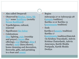  Also called Deepavali
 Observed byHindus, Jains, Sik
hs,[1] some Buddhists (notably
Newar Buddhists)
 TypeReligious, cultural,
seasonal
 Significance See below
 Celebrations
Diya lighting, puja (worship
and prayer), havan (fire
offering), vrat (fasting), dāna (
charity), melā (fairs/shows),
home cleansing and decoration,
fireworks, gifts, and partaking
in a feast and sweets
 Begins
Ashwayuja 27 or Ashwayuja 28
(amanta tradition)
Kartika 12 or Kartika 13
(purnimanta tradition)
 Ends
Kartika 2 (amanta tradition)
Kartika 17
(purnimanta tradition)DateAsh
vin Krishna Trayodashi, Ashvin
Krishna Chaturdashi, Ashvin
Amavasya, Kartik Shukla
Pratipada, Kartik Shukla
Dwitiya
 