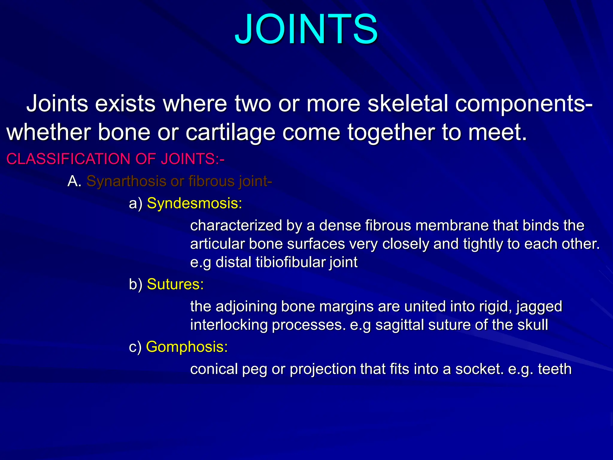 JOINTS
Joints exists where two or more skeletal components-
whether bone or cartilage come together to meet.
CLASSIFICATION OF JOINTS:-
A. Synarthosis or fibrous joint-
a) Syndesmosis:
characterized by a dense fibrous membrane that binds the
articular bone surfaces very closely and tightly to each other.
e.g distal tibiofibular joint
b) Sutures:
the adjoining bone margins are united into rigid, jagged
interlocking processes. e.g sagittal suture of the skull
c) Gomphosis:
conical peg or projection that fits into a socket. e.g. teeth
 