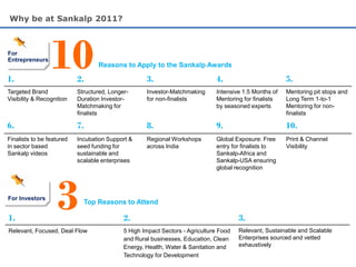 Why be at Sankalp 2011?



For
Entrepreneurs


1.
                 10        2.
                                  Reasons to Apply to the Sankalp Awards

                                                    3.                        4.                        5.
Targeted Brand             Structured, Longer-      Investor-Matchmaking      Intensive 1.5 Months of   Mentoring pit stops and
Visibility & Recognition   Duration Investor-       for non-finalists         Mentoring for finalists   Long Term 1-to-1
                           Matchmaking for                                    by seasoned experts       Mentoring for non-
                           finalists                                                                    finalists

6.                         7.                       8.                        9.                        10.
Finalists to be featured   Incubation Support &     Regional Workshops        Global Exposure: Free     Print & Channel
in sector based            seed funding for         across India              entry for finalists to    Visibility
Sankalp videos             sustainable and                                    Sankalp-Africa and
                           scalable enterprises                               Sankalp-USA ensuring
                                                                              global recognition




For Investors


1.
                   3         Top Reasons to Attend

                                            2.                                         3.
Relevant, Focused, Deal Flow                5 High Impact Sectors - Agriculture Food   Relevant, Sustainable and Scalable
                                            and Rural businesses, Education, Clean     Enterprises sourced and vetted
                                            Energy, Health, Water & Sanitation and     exhaustively
                                            Technology for Development
 