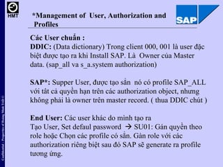 *Management of  User, Authorization and  Profiles Các User chuẩn :  DDIC:  (Data dictionary) Trong client 000, 001 là user...