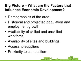 Big Picture – What are the Factors that
Influence Economic Development?
• Demographics of the area
• Historical and projec...