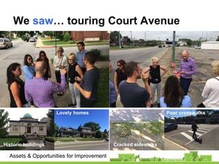 We saw… touring Court Avenue
Cracked sidewalks
Poor crosswalks
Historic buildings
Lovely homes
Assets & Opportunities for ...