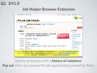 Job Helper Browser Extension
Identify employers with a history of violations. 
Pop out when you browse the job opportunities posted by them.
Q1 2013
 