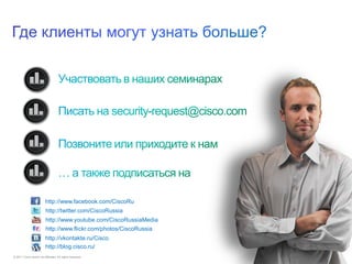© 2011 Cisco and/or its affiliates. All rights reserved. 25
http://www.facebook.com/CiscoRu
http://twitter.com/CiscoRussia
http://www.youtube.com/CiscoRussiaMedia
http://www.flickr.com/photos/CiscoRussia
http://vkontakte.ru/Cisco
http://blog.cisco.ru/
 