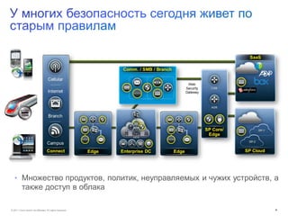 © 2011 Cisco and/or its affiliates. All rights reserved. 4
• Множество продуктов, политик, неуправляемых и чужих устройств, а
также доступ в облака
 