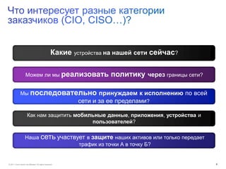 © 2011 Cisco and/or its affiliates. All rights reserved. 6
Какие устройства на нашей сети сейчас?
Мы последовательно принуждаем к исполнению по всей
сети и за ее пределами?
Наша сеть участвует в защите наших активов или только передает
трафик из точки А в точку Б?
Как нам защитить мобильные данные, приложения, устройства и
пользователей?
Можем ли мы реализовать политику через границы сети?
 