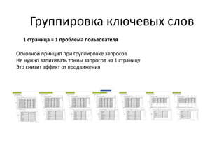 Группировка ключевых слов
1 страница = 1 проблема пользователя
Основной принцип при группировке запросов
Не нужно запихивать тонны запросов на 1 страницу
Это снизит эффект от продвижения
 