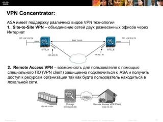 VPN Concentrator:
  ASA имеет поддержку различных видов VPN технологий
  1. Site-to-Site VPN – объединение сетей двух разнесенных офисов через
  Интернет




   2. Remote Access VPN – возможность для пользователя с помощью
   специального ПО (VPN client) защищенно подключиться к ASA и получить
   доступ к ресурсам организации так как будто пользователь находиться в
   локальной сети.




Presentation_ID                        © 2008 Cisco Systems, Inc. All rights reserved.   Cisco Public   13
 