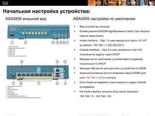Начальная настройка устройства:
 ASA5505 внешний вид    ASA5505 настройки по умолчанию
                               Имя устройства ciscoasa
                               Enable password/ASDM login&password blank (при запросе
                                пароля жмем Enter)
                               Inside interface - Vlan 1 в нем находиться порты 0/1-0/7
                                Ip address: 192.168.1.1 255.255.255.0
                               Outside interface – Vlan 2 в нем находиться порт 0/0,
                                получения ip адреса через DHCP
                               Маршрутом по умолчанию устанавливается gateway
                                полученный по DHCP
                               Запущен http server для доступа к устройства по ASDM
                               Административный доступ возможен через ASDM (для
                                сети 192.168.1.0/24) и консоль
                               Сеть Inside интерфейса транслируется в адрес Outside
                                интерфейса
                               На Inside interface запущен dhcp server диапазон
                                192.168.1.5 - 192.168.1.36




Presentation_ID              © 2008 Cisco Systems, Inc. All rights reserved.   Cisco Public   23
 