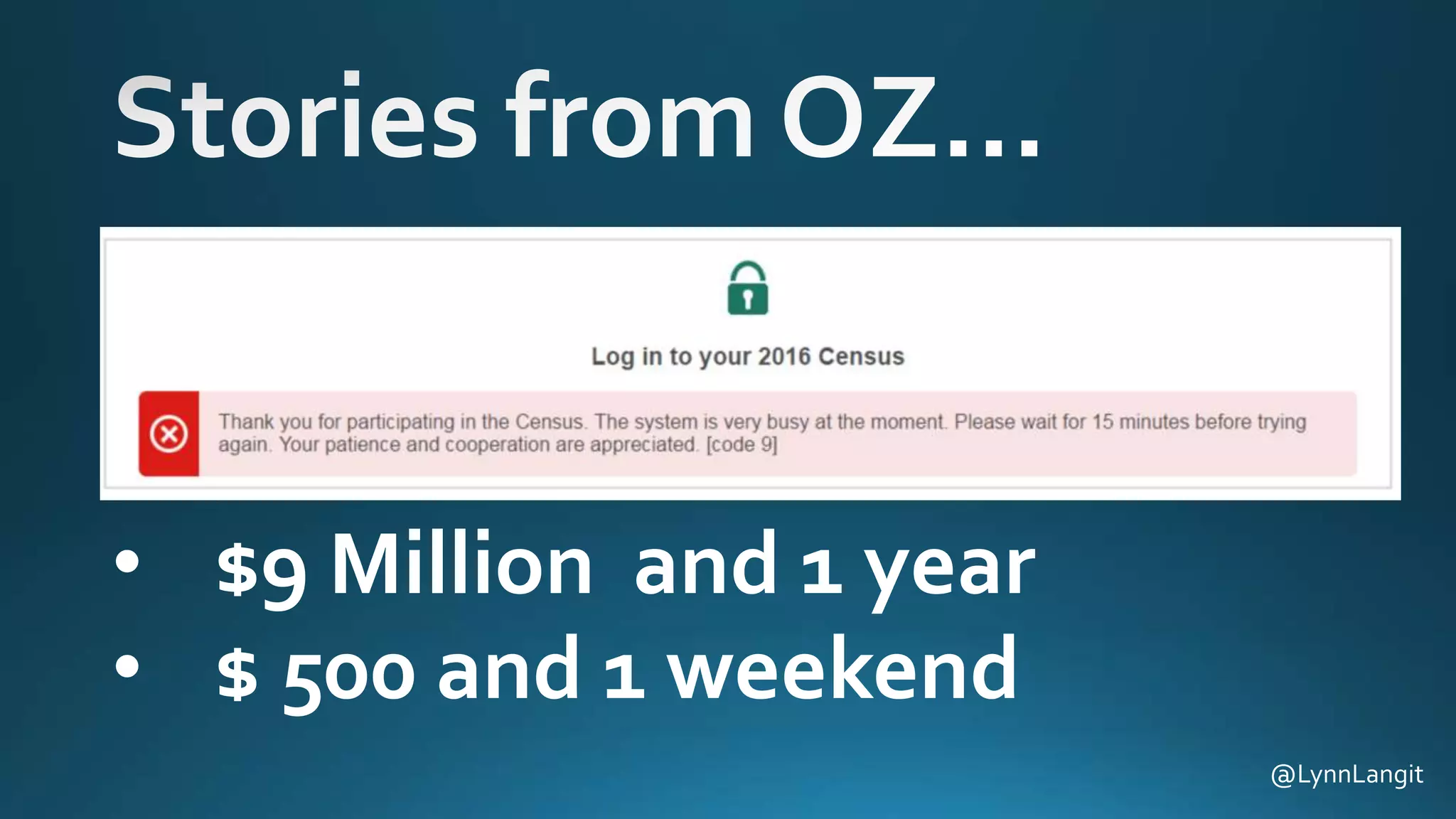 • $9 Million and 1 year
@LynnLangit
• $ 500 and 1 weekend
 