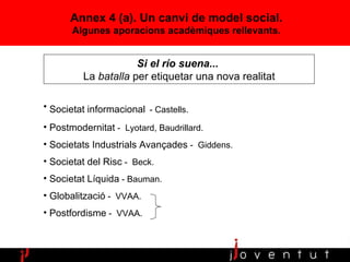 Annex 4 (a). Un canvi de model social. Algunes aporacions acadèmiques rellevants. Si el río suena...   La  batalla  per etiquetar una nova realitat Societat informacional   - Castells.   Postmodernitat  -  Lyotard, Baudrillard. Societats Industrials Avançades  -  Giddens.  Societat del Risc  -  Beck. Societat Líquida  - Bauman.  Globalització  -  VVAA. Postfordisme  -  VVAA. 
