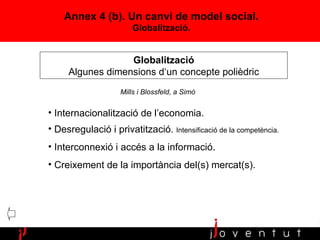 Globalització Algunes dimensions d‘un concepte polièdric Internacionalització de l’economia. Desregulació i privatització.  Intensificació de la competència. Interconnexió i accés a la informació. Creixement de la importància del(s) mercat(s). Annex 4 (b). Un canvi de model social. Globalització. Mills i Blossfeld, a Simó 