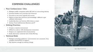 7
COMMON CHALLENGES
Ø Poor Collaboration / Silos
§ Multiple smaller companies within BU with no overarching identity
§ Con...