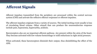 Afferent Signals
Afferent impulses transmitted from the periphery are processed within the central nervous
system (CNS) and activate the reflexive effector responses or efferent impulses.
The afferent impulses originate from a variety of sources. The initial inciting event usually is loss
of circulating blood volume. Other stimuli that can produce the neuroendocrine response
include pain, hypoxemia, hypercarbia, acidosis.
Baroreceptors also are an important afferent pathway. Are present within the atria of the heart.
They become activated with low volume hemorrhage or mild reductions in right atrial pressure.
When activated, these baroreceptors diminish their output, thus disinhibiting the effect of the
ANS.
 