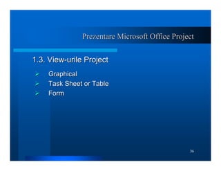 36
Prezentare Microsoft Office Project
Prezentare Microsoft Office Project
1.3. View
1.3. View-
-urile Project
urile Proje...