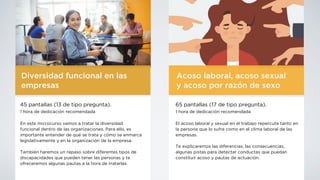 Diversidad funcional en las
empresas
45 pantallas (13 de tipo pregunta).
1 hora de dedicación recomendada
En este microcurso vamos a tratar la diversidad
funcional dentro de las organizaciones. Para ello, es
importante entender de qué se trata y cómo se enmarca
legislativamente y en la organización de la empresa.
También haremos un repaso sobre diferentes tipos de
discapacidades que pueden tener las personas y te
ofreceremos algunas pautas a la hora de tratarlas.
Acoso laboral, acoso sexual
y acoso por razón de sexo
65 pantallas (17 de tipo pregunta).
1 hora de dedicación recomendada
El acoso laboral y sexual en el trabajo repercute tanto en
la persona que lo sufre como en el clima laboral de las
empresas.
Te explicaremos las diferencias, las consecuencias,
algunas pistas para detectar conductas que puedan
constituir acoso y pautas de actuación.
 