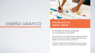 Introducción al
diseño digital
63 pantallas (12 de tipo pregunta).
1 hora de dedicación recomendada
En el microsurco nos centraremos en explicar de forma
sencilla y directa conceptos fundamentales del diseño
digital, como el color, la forma, el lienzo…
También introduciremos herramientas y recursos para
comenzar a explorar un mundo lleno de posibilidades.
DISEÑO GRÁFICO
 