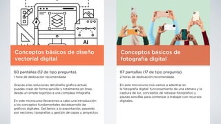 Conceptos básicos de diseño
vectorial digital
60 pantallas (12 de tipo pregunta).
1 hora de dedicación recomendada
Gracias a las soluciones del diseño grá
fi
co actual,
puedes crear de forma sencilla y totalmente en línea,
desde un simple logotipo a una compleja infografía.
En este microcurso llevaremos a cabo una introducción
a los conceptos fundamentales del desarrollo de
grá
fi
cos digitales. Del lienzo a la exportación, pasando
por vectores, tipografías y gestión de capas y proyectos.
Conceptos básicos de
fotografía digital
87 pantallas (17 de tipo pregunta).
2 horas de dedicación recomendada
En este microcurso nos vamos a adentrar en
la fotografía digital: funcionamiento de una cámara y la
captura de luz, conceptos de retoque fotográ
fi
co y
pautas sencillas para comenzar a trabajar con recursos
digitales.
 