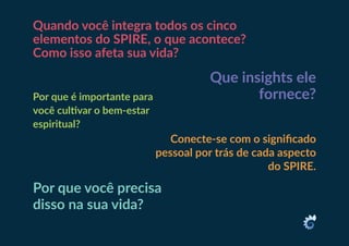 Quando você integra todos os cinco
elementos do SPIRE, o que acontece?
Como isso afeta sua vida?
Conecte-se com o significado
pessoal por trás de cada aspecto
do SPIRE.
Por que é importante para
você cultivar o bem-estar
espiritual?
Por que você precisa
disso na sua vida?
Que insights ele
fornece?
 