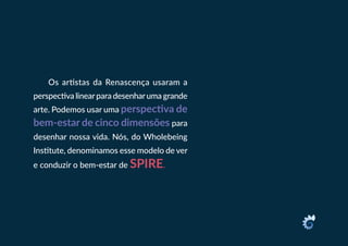 Os artistas da Renascença usaram a
perspectiva linearpara desenharuma grande
arte. Podemos usar uma perspectiva de
bem-estar de cinco dimensões para
desenhar nossa vida. Nós, do Wholebeing
Institute, denominamos esse modelo de ver
e conduzir o bem-estar de SPIRE.
 