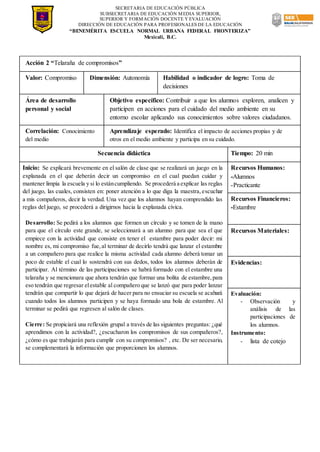 SECRETARIA DE EDUCACIÓN PÚBLICA
SUBSECRETARIA DE EDUCACIÓN MEDIA SUPERIOR,
SUPERIOR Y FORMACIÓN DOCENTE Y EVALUACIÓN
DIRECCIÓN DE EDUCACIÓN PARA PROFESIONALES DE LA EDUCACIÓN
“BENEMÉRITA ESCUELA NORMAL URBANA FEDERAL FRONTERIZA”
Mexicali, B.C.
Acción 2 “Telaraña de compromisos”
Valor: Compromiso Dimensión: Autonomía Habilidad o indicador de logro: Toma de
decisiones
Área de desarrollo
personal y social
Objetivo específico: Contribuir a que los alumnos exploren, analicen y
participen en acciones para el cuidado del medio ambiente en su
entorno escolar aplicando sus conocimientos sobre valores ciudadanos.
Correlación: Conocimiento
del medio
Aprendizaje esperado: Identifica el impacto de acciones propias y de
otros en el medio ambiente y participa en su cuidado.
Secuencia didáctica Tiempo: 20 min
Inicio: Se explicará brevemente en el salón de clase que se realizará un juego en la
explanada en el que deberán decir un compromiso en el cual puedan cuidar y
mantener limpia la escuela y si lo estáncumpliendo. Se procederá a explicar las reglas
del juego, las cuales, consisten en: poner atención a lo que diga la maestra,escuchar
a mis compañeros, decir la verdad. Una vez que los alumnos hayan comprendido las
reglas del juego, se procederá a dirigirnos hacia la explanada cívica.
Desarrollo: Se pedirá a los alumnos que formen un círculo y se tomen de la mano
para que el círculo este grande, se seleccionará a un alumno para que sea el que
empiece con la actividad que consiste en tener el estambre para poder decir: mi
nombre es, mi compromiso fue,al terminar de decirlo tendrá que lanzar el estambre
a un compañero para que realice la misma actividad cada alumno deberá tomar un
poco de estable el cual lo sostendrá con sus dedos, todos los alumnos deberán de
participar. Al término de las participaciones se habrá formado con el estambre una
telaraña y se mencionara que ahora tendrán que formar una bolita de estambre,para
eso tendrán que regresar elestable al compañero que se lanzó que para poder lanzar
tendrán que compartir lo que dejará de hacer para no ensuciar su escuela se acabará
cuando todos los alumnos participen y se haya formado una bola de estambre. Al
terminar se pedirá que regresen al salón de clases.
Cierre: Se propiciará una reflexión grupal a través de las siguientes preguntas: ¿qué
aprendimos con la actividad?, ¿escucharon los compromisos de sus compañeros?,
¿cómo es que trabajarán para cumplir con su compromisos? , etc. De ser necesario,
se complementará la información que proporcionen los alumnos.
Recursos Humanos:
-Alumnos
-Practicante
Recursos Financieros:
-Estambre
Recursos Materiales:
Evidencias:
Evaluación:
- Observación y
análisis de las
participaciones de
los alumnos.
Instrumento:
- lista de cotejo
 