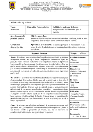 SECRETARIA DE EDUCACIÓN PÚBLICA
SUBSECRETARIA DE EDUCACIÓN MEDIA SUPERIOR,
SUPERIOR Y FORMACIÓN DOCENTE Y EVALUACIÓN
DIRECCIÓN DE EDUCACIÓN PARA PROFESIONALES DE LA EDUCACIÓN
“BENEMÉRITA ESCUELA NORMAL URBANA FEDERAL FRONTERIZA”
Mexicali, B.C.
Acción 4 “Yo soy el ladrón”
Valor:
Honestidad
Dimensión: Autorregulación Habilidad o indicador de logro:
Autogeneración de emociones para el
bienestar
Área de desarrollo
personal y social
Objetivo específico:
Promover la puesta en práctica de valores ciudadanos a través de juegos de patio
cooperativos para favorecer la sana convivencia entre los alumnos.
Correlación:
-Educación física
Aprendizaje esperado: Que los alumnos participen de manera activa en los
juegos de patio, desplazándose por el área indicada con los patrones básicos de
movimiento.
Secuencia didáctica Tiempo: 15 a 20 min.
Inicio: Se explicará brevemente en el salón de clase que se realizará un juego en
la explanada llamado “Yo soy el ladrón”. Se procederá a explicar las reglas del
juego, las cuales, consisten en: Respetar a sus compañeros, ponerse en el papel que
le correspondió, ser honesto cuando el policía pregunte si son los ladrones. Una vez
que los alumnos hayan comprendido las reglas del juego, se les mostrará una cajita
y se les dirá que contiene imágenes, sacarán una y no le deberán de decir a nadie la
persona que le corresponde ser,se les dirá que representaránenel juego alpersonaje
que les tocó.
Desarrollo: Se les contará una microhistoria: Estaba Juanito haciendo su trabajo en
clase con su lápiz favorito, tocó el timbre para salir al recreo y dejó su lápiz sobre el
mesabanco, y se fue muy contento, cuando regreso observó su mesabanco y ya no
estaba su lápiz y ninguno de sus compañeros quisó decir quien lo había tomado sin
permiso. Se procederá a dirigirnos hacia la explanada cívica. se les indicará que no
deben de salir de cierta zona, se nombrarán a los policías, y los demás deberán de
correr o caminar según lo indique la maestra,los policías tienen la responsabilidad
de preguntar si son los ladrones a cada uno de sus compañeros que están corriendo
hasta encontrar al ladrón del lápiz de Juanito. Si queda tiempo se seguirá jugando
pero invirtiendo papeles, cada alumno volverá a sacar un personaje de la caja y
deberá representarlo.
Cierre: Se propiciará una reflexión grupal a través de las siguientes preguntas: ¿qué
aprendimos hoy?, ¿es importante ser honestos con nuestros compañeros?, ¿Quién si
fue honesto cuando le preguntaba el policía?, etc. De ser necesario, se
complementará la información que proporcionen los alumnos.
Recursos Humanos:
-Alumnos
-Practicante
Recursos
Financieros:
-Tabloides (imágenes)
-Caja de cartón
(decorarla)
Recursos
Materiales:
-Caja
- imágenes
Evidencias:
-Fotografías / videos
-Participación de los
alumno.
Evaluación:
Observación y análisis
de las participaciones de
los alumnos.
Instrumento:
- Lista de cotejo
 
