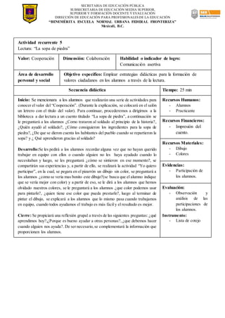 SECRETARIA DE EDUCACIÓN PÚBLICA
SUBSECRETARIA DE EDUCACIÓN MEDIA SUPERIOR,
SUPERIOR Y FORMACIÓN DOCENTE Y EVALUACIÓN
DIRECCIÓN DE EDUCACIÓN PARA PROFESIONALES DE LA EDUCACIÓN
“BENEMÉRITA ESCUELA NORMAL URBANA FEDERAL FRONTERIZA”
Mexicali, B.C.
Actividad recurrente 5
Lectura: “La sopa de piedra”
Valor: Cooperación Dimensión: Colaboración Habilidad o indicador de logro:
Comunicación asertiva
Área de desarrollo
personal y social
Objetivo específico: Emplear estrategias didácticas para la formación de
valores ciudadanos en los alumnos a través de la lectura.
Secuencia didáctica Tiempo: 25 min
Inicio: Se mencionara a los alumnos que realizarán una serie de actividades para
conocer el valor del “Cooperación”. (Durante la explicación, se colocará en el salón
un letrero con el título del valor). Para continuar, procederemos a dirigirnos a la
biblioteca a dar lectura a un cuento titulado “La sopa de piedra”, a continuación se
le preguntará a los alumnos ¿Como trataron al soldado al principio de la historia?,
¿Quién ayudó al soldado?, ¿Cómo consiguieron los ingredientes para la sopa de
piedra?, ¿De que se dieron cuenta los habitantes del pueblo cuando se repartieron la
sopa? y ¿ Qué aprendieron gracias al soldado?
Desarrollo:Se les pedirá a los alumnos recordar alguna vez que no hayan querido
trabajar en equipo con ellos o cuando alguien no les haya ayudado cuando lo
necesitaban y luego, se les preguntará ¿cómo se sintieron en ese momento?, se
compartirán sus experiencias y, a partir de ello, se realizará la actividad “Yo quiero
participar”, en la cual, se pegara en el pizarrón un dibujo sin color, se preguntará a
los alumnos ¿como se veria mas bonito este dibujo?(se busca que el alumno indique
que se vería mejor con color) y a partir de eso, se le dirá a los alumnos que hemos
olvidado nuestros colores, se le preguntará a los alumnos ¿que color podemos usar
para pintarlo?, ¿quien tiene ese color que pueda prestarlo?, luego al terminar de
pintar el dibujo, se explicará a los alumnos que lo mismo pasa cuando trabajamos
en equipo, cuando todos ayudamos el trabajo es más fácil y el resultado es mejor.
Cierre: Se propiciará una reflexión grupal a través de las siguientes preguntas: ¿qué
aprendimos hoy?,¿Porque es bueno ayudar a otras personas?, ¿que debemos hacer
cuando alguien nos ayuda?. De ser necesario,se complementará la información que
proporcionen los alumnos.
Recursos Humanos:
- Alumnos
- Practicante
Recursos Financieros:
- Impresión del
cuento.
Recursos Materiales:
- Dibujo
- Colores
Evidencias:
- Participación de
los alumnos.
Evaluación:
- Observación y
análisis de las
participaciones de
los alumnos.
Instrumento:
- Lista de cotejo
 