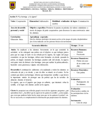 SECRETARIA DE EDUCACIÓN PÚBLICA
SUBSECRETARIA DE EDUCACIÓN MEDIA SUPERIOR,
SUPERIOR Y FORMACIÓN DOCENTE Y EVALUACIÓN
DIRECCIÓN DE EDUCACIÓN PARA PROFESIONALES DE LA EDUCACIÓN
“BENEMÉRITA ESCUELA NORMAL URBANA FEDERAL FRONTERIZA”
Mexicali, B.C.
Acción 5 :“La hormiga y la cigarra”
Valor: Cooperación Dimensión:Colaboración Habilidad o indicador de logro: Comunicación
asertiva
Área de desarrollo
personal y social
Objetivo específico: Promover la puesta en práctica de valores ciudadanos a
través de juegos de patio cooperativos para favorecer la sana convivencia entre
los alumnos.
Correlación:
Educacion fisica.
Aprendizaje esperado:
Que los alumnos participen de manera activa en los juegos de patio, desplazándose
por el área indicada con los patrones básicos de movimiento.
Secuencia didáctica Tiempo: 20 min
Inicio: Se explicará a los alumnos brevemente en lo que consistirá la
actividad, se les entregará una pelota con el objetivo es que trabajen juntos
para que no caiga al suelo ni sea robada por la cigarra, las reglas del juego
consistirán en que las hormigas deben estar formadas en círculo pasando la
pelota, en ningún momento las hormigas pueden salir del círculo, la cigarra
será quien trate de distraer a las hormigas para que suelten la pelota,saltando,
haciendo caras graciosas,o alguna otra distracción.
Desarrollo:A continuación saldremos a la explanada y todos los alumnos se
colocarán de pie y en círculo, y uno de ellos se situará en el centro. Se les
contará que ahora son hormigas obreras que transportan semillas y que tienen
la importante misión de proteger una (la pelota) que ha de servirles de
alimento durante el invierno.
La cigarra, que es el jugador que juega en solitario, que intentará robar la
semilla, si lo logra otro alumno podrá ser la cigarra.
Cierre:Se propiciará una reflexión grupal a travésde las siguientes preguntas: ¿qué
aprendimos hoy?, ¿fue difícil que la cigarra no les quitara la semilla?, ¿como equipo,
que creen que pudieran haber hecho mejor para que no les quitaran la pelota?, etc.
De ser necesario, se complementará la información que proporcionen los alumnos.
Recursos Humanos:
- Alumnos
- Practicante
Recursos Financieros:
- Pelota (en caso
de no contar con
ella)
Recursos Materiales:
- Una pelota
Evidencias:
- Participación de
los alumnos.
Evaluación:
Observación y análisis de
las participaciones de los
alumnos.
Instrumento:
- Lista de cotejo
 