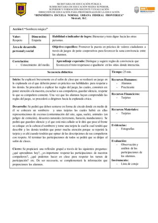 SECRETARIA DE EDUCACIÓN PÚBLICA
SUBSECRETARIA DE EDUCACIÓN MEDIA SUPERIOR,
SUPERIOR Y FORMACIÓN DOCENTE Y EVALUACIÓN
DIRECCIÓN DE EDUCACIÓN PARA PROFESIONALES DE LA EDUCACIÓN
“BENEMÉRITA ESCUELA NORMAL URBANA FEDERAL FRONTERIZA”
Mexicali, B.C.
Acción 1 “Sombrero mágico”
Valor:
Respeto
Dimensión:
Empatía
Habilidad o indicador de logro: Bienestar y trato digno hacia las otras
personas.
Área de desarrollo
personal y social
Objetivo específico: Promover la puesta en práctica de valores ciudadanos a
través de juegos de patio cooperativos para favorecer la sana convivencia entre
los alumnos.
Correlación:
- Conocimiento del medio.
Aprendizaje esperado: Distingue y sugiere reglas de convivencia que
favorecen el trato respetuoso e igualitario en los sitios donde interactúa.
Secuencia didáctica Tiempo: 25 min.
Inicio: Se explicará brevemente en el salón de clase que se realizará un juego en
la explanada en el que deberán poner en práctica sus habilidades para respetar a
los demás. Se procederá a explicar las reglas del juego, las cuales, consisten en:
poner atención a la maestra,escuchar a sus compañeros,guardar silencio, respetar
lo que su compañero comente. Una vez que los alumnos hayan comprendido las
reglas del juego, se procederá a dirigirnos hacia la explanada cívica.
Desarrollo: Se pedirá que deben sentarse en forma de círculo donde en medio de
él se colocara un sombrero y unas tarjetas las cuales habrá en ellas
representaciones de escenas (contaminación del aire, agua, suelo), animales (en
peligro de extinción), desastres naturales (terremoto, huracán, inundaciones). Se
pedirá que guarden silencio y el que está más callado se le dirá que pase al frente
se coloque en la cabeza el sombrero y tome una tarjeta la cual la cual tendrá que
describir y los demás tendrán que poner mucha atención porque se repetirá la
tarjeta y es ahí cuando tendrán que opinar de las descripciones de sus compañeros
con respeto. Al terminar las participaciones de todos se pedirá que se dirijan al
salón de clases.
Cierre: Se propiciará una reflexión grupal a través de las siguientes preguntas:
¿qué aprendimos hoy?, ¿es importante respetar las participaciones de nuestros
compañeros?, ¿qué podemos hacer en clase para respetar los turnos de
participación? etc. De ser necesario, se complementará la información que
proporcionen los alumnos.
Recursos Humanos:
- Alumnos
- Practicante
Recursos Financieros:
- Tarjetas
Recursos Materiales:
- Tarjetas
Evidencias:
- Fotografías
Evaluación:
- Observación y
análisis de las
participaciones de
los alumnos.
Instrumento:
- Lista de cotejo
 