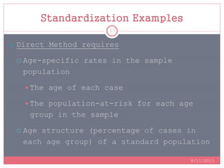 Standardization Examples
o Direct Method requires
 Age-specific rates in the sample
population
The age of each case
The population-at-risk for each age
group in the sample
 Age structure (percentage of cases in
each age group) of a standard population
8/11/2015
17
 